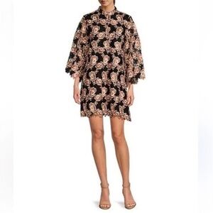 J.Marie Women's Black Cream Floral Talia Lace Mandarin Collar Caftan Dress NWT